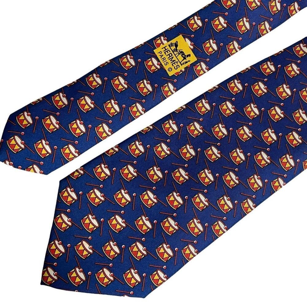 Hermes‎ Designer Silk Necktie Blue Novelty Print Snare Drums 7565 SA France - Picture 3 of 6